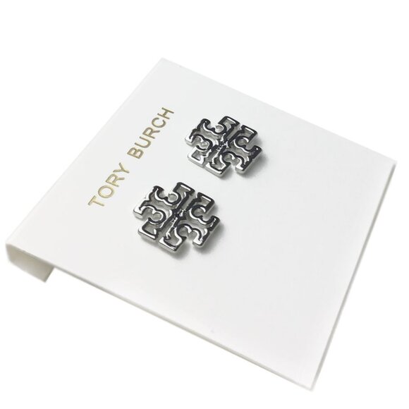 Tory Burch Britten Logo Silver Stud Earrings NWQT - Picture 4 of 8
